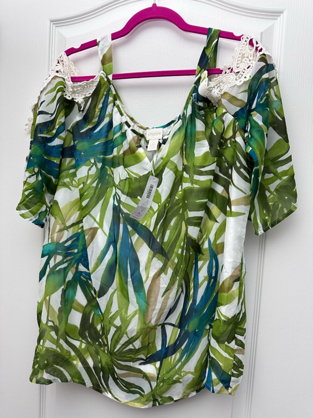 Chico's Green and Blue Palm-Print Cold-Shoulder Blouse with Crochet